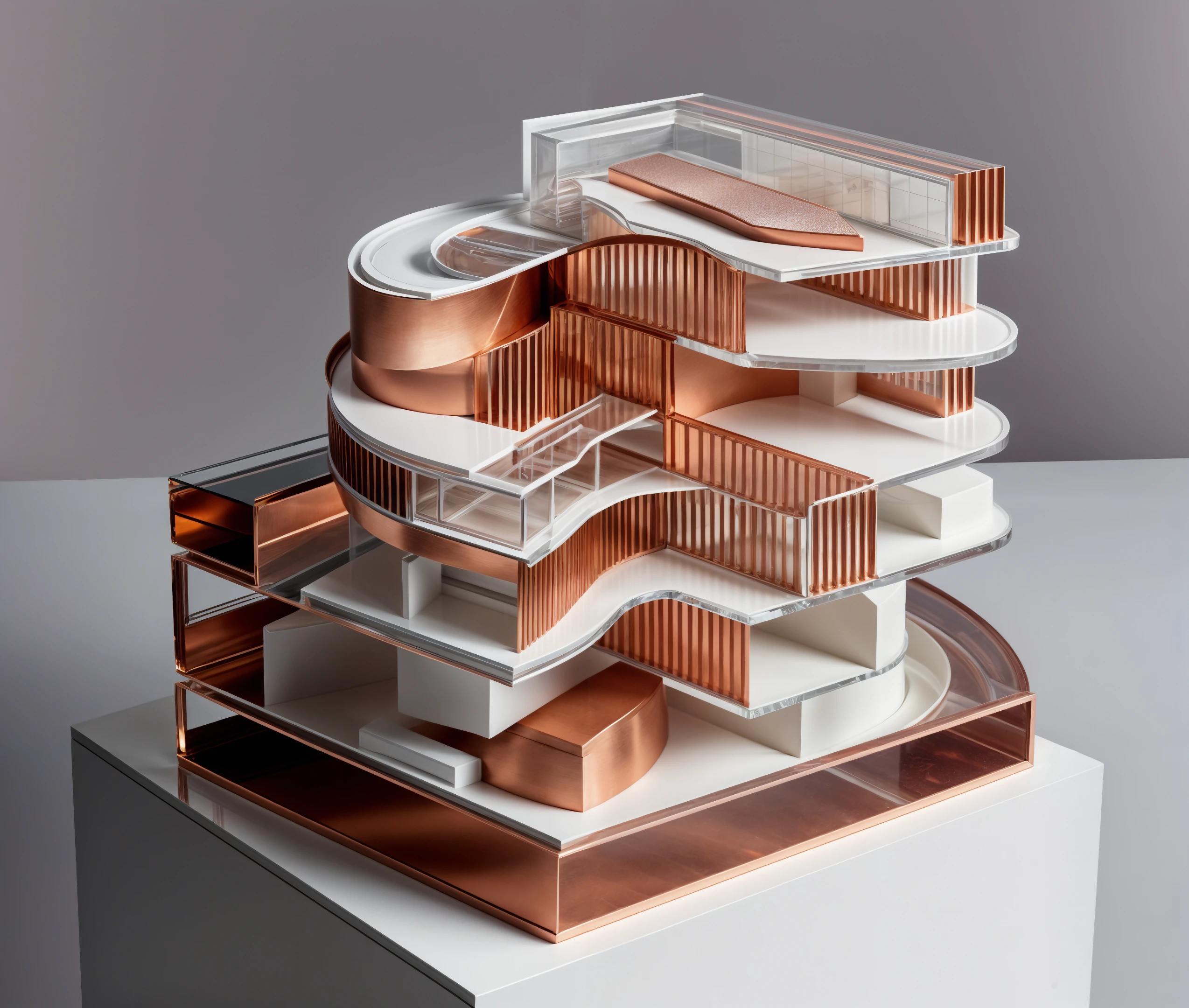 RAW Photo, isometric view, 8k, uhd, abstract, cinematic, ArchiModel, architectural model, futuristic architecture, innovative construction, high resolution, artistic composition, translucent surfaces, aesthetic, detailed model, detailed interior, section view, cross section, dynamic forms, exposed structural elements, multi-level, realistic lighting, multi-level structure, complex geometry, curved elements, copper