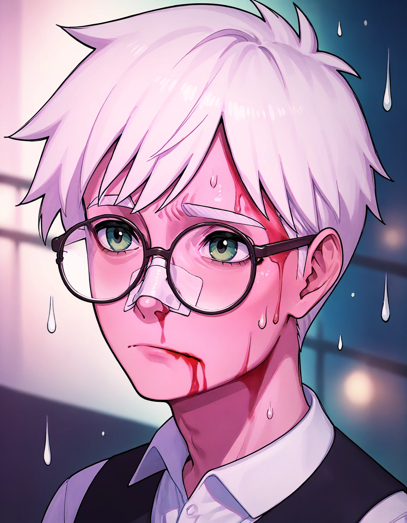 score_9, score_8_up, score_7_up, score_6_up, score_5_up, score_4_up, 
Anton_Petrov, solo, green eyes, white hair, long sleeves, white shirt, black vest, glasses, black shirt, portrait, bandaid on nose, blurry background, pink lighting, night, dark, pink theme, blood on face, rain, closed mouth, sadness, naked
 <lora:YouLookLonelyXL_byKonan:1>
 <lora:Anton_Petrov_XL:0.9>