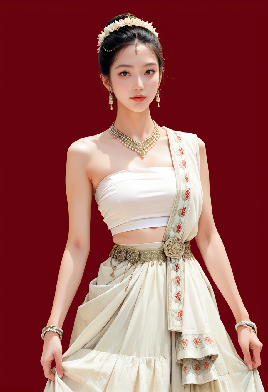 1girl,red background,,ruanyi1012,sari,dress,tube top,necklace,jewelry,bracelet,
cowboy shot,<lora:1012 traditional clothing 1_v1_pony:1>, score_9,score_8_up,score_7_up,,8k,1girl,solo,,