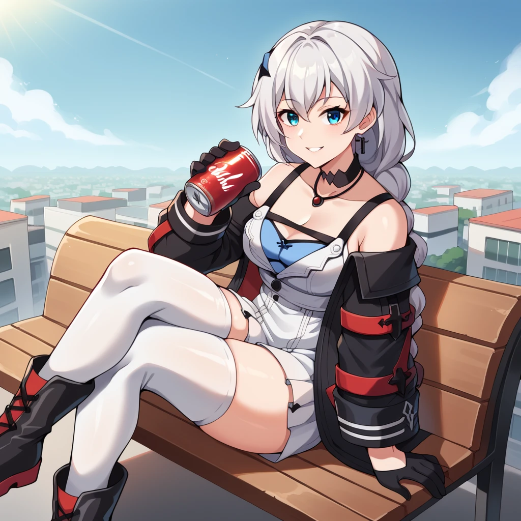 score_9_up, score_8_up, score_7_up, source_anime, 1girl, solo, Kallen, Kal_Def, sun light, sky, rooftop, sitting on bench, cityscape, crossed legs, holding soda can, black footwear, looking at you, boots, from above, from side, excited smile, parted lips, white hair, long hair, braided ponytail, blue eyes, hair ornament, cross earrings, braided ponytail, off-shoulder jacket, red inner jacket, red strap, black jacket, long sleeves, black gloves, chest strap, shoulder straps, blue bra, see-through, white dress, pleated dress, short dress, strap dress, see-through skirt, black shorts, short shorts, white thighhighs, thigh pouch, necklace, black choker, cleavage, mature body, dynamic cowboy shot, outdoors, sky clouds background