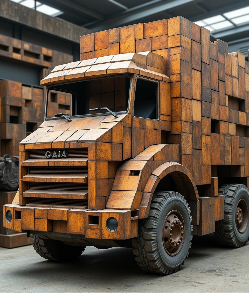 staggered fragmentary wooden blocks,a truck in factory,