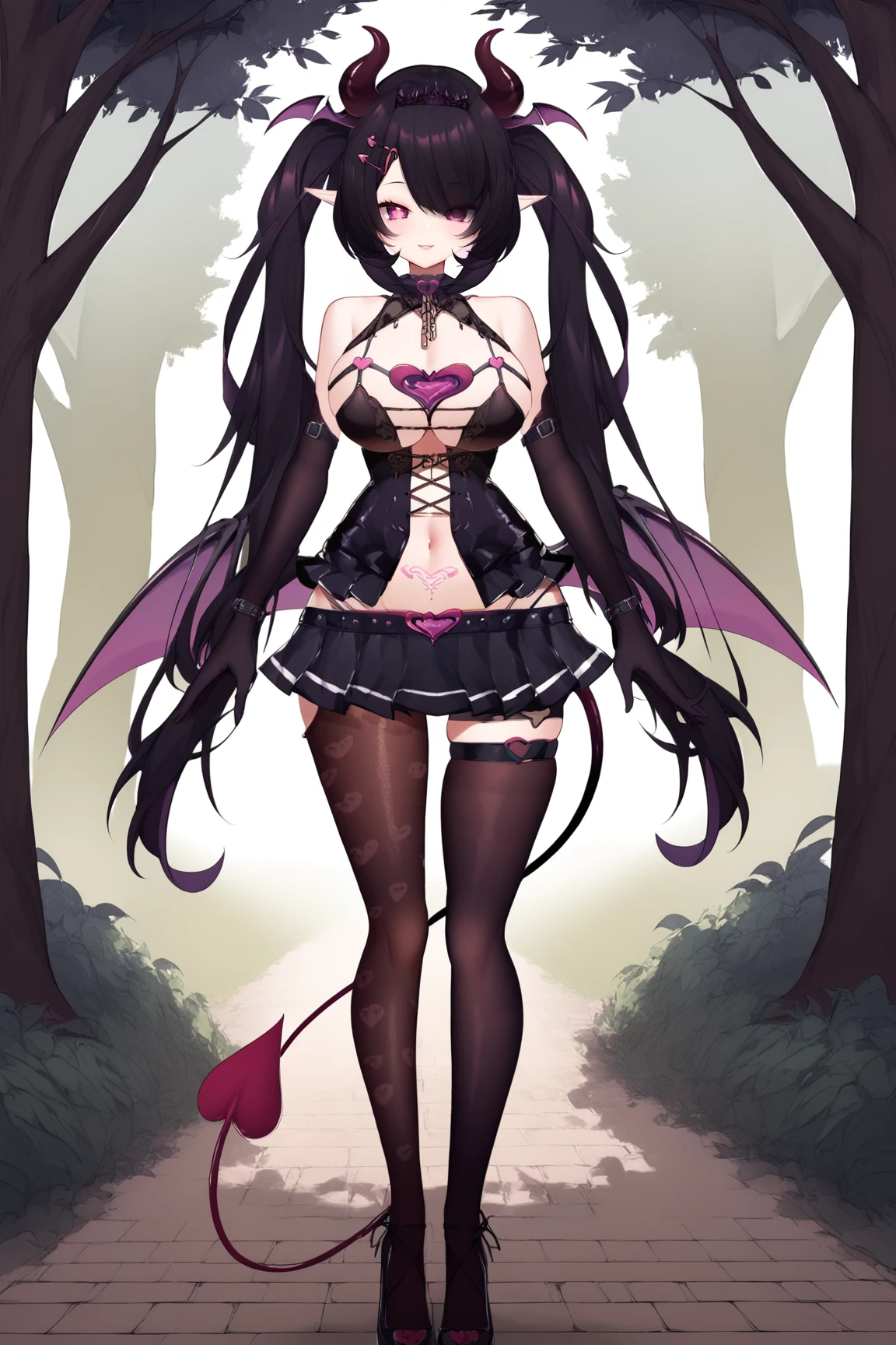 score_9, score_8_up, score_7_up, score_6_up, BREAK, SuccubusGirlMVTXL, purple eyes, black hair, long hair, hair over one eye, eye visible through hair, twintails, hair ornament, tiara, head wings, pointy ears, horns, large breasts, pubic tattoo, demon wings, demon tail, bare shoulders, cleavage, black dress, navel, black elbow gloves, black belt, black skirt, black thighhighs, black shoes, solo, full body, standing, seductive smile, looking at viewer, forest <lora:SuccubusGirlMVTXL:1>