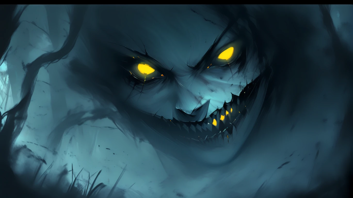 In the night, the eyes that glow, A twisted smile begins to show
Objects: (glowing yellow eyes):2, (slitted pupils):1.5, (sharp and menacing):1.8, (sinister twisted grin):2.5, (jagged teeth):2, (face barely visible):1, (face cloaked in darkness):1.5, (face emerging from shadow):2,
Environment: (misty dense forest):1.8, (night):1.2, (towering twisted trees):2, (thick fog swirling on ground):1.5, (isolation):1, (mystery):1.5,
Lighting: (very dim):1.2, (faint glows from eyes and smile):2, (eerie reflections and shadows):1.8, (mist):1.2,
Camera: (close-up face):1.8, (focus on glowing eyes):2, (smile emerging from darkness):2.5, (tilted angle for unsettling effect):1.5,
Artistic Style: (dark Gothic horror):2, (high contrast):1.5, (shadowy):1.8, (smooth brushstrokes):1.5, (intricate eyes and smile):2.2, (blurred and misty surroundings):1.3, (focus on face):2.5,
Color: (deep blacks and shadowy grays for the background):1.8, (glowing yellow-orange for eyes):2, (faint blue-gray on the mist and shadows):1.5, (subtle crimson tint to the grin):1.8, <lora:artfullyCREEPYHORROR:1>