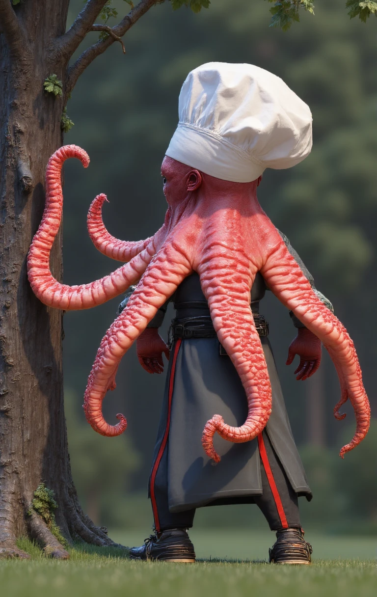 A Chef Octopus, (punching a tree in the garden, shot from behind, written on his back "Chef Octopus") , full body shot from behind, realistic hyper-detailed, masterpiece,best quality, intricate details  . choctoefpus <lora:FLUX_ChOctoefpus_LoRA-000011:1>