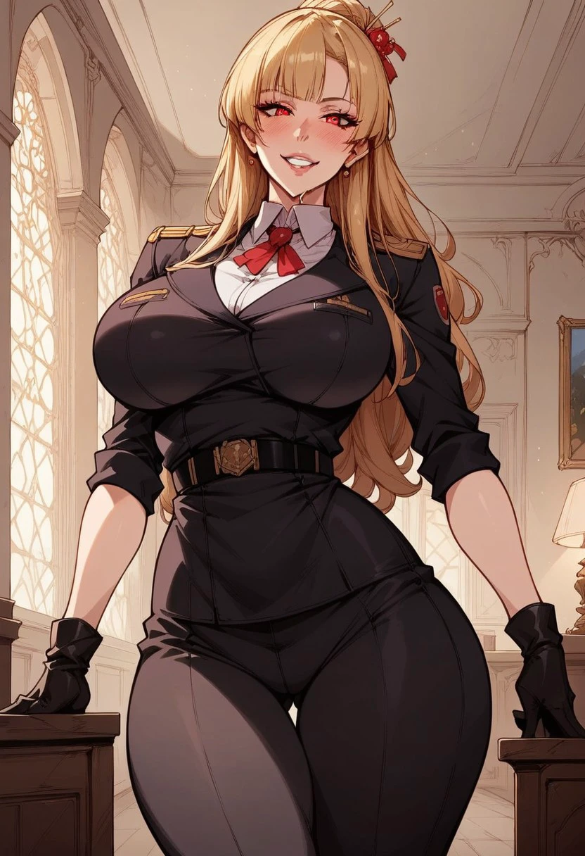 score_8_up, source_anime, (beautiful face, beautiful eyes, detailed eyes, detailed face:1.2),
1girl, solo, girl solo, slobber, hourglass shaped body, curvy figure,
front view, (black military uniform, black jodhpur pants, belt, boots, gloves:1.1),
dynamic standing seductive pose, seductive pose, half body,lewd face, slutty a lot, extream drooling,lewd face, slutty a lot, horny eyes, smug, high waisted thongs, high waisted thongs,
huge ass, huge tits, large ass,
beautiful anime face, detailed anime face,
(wide hips:1.3),
Lena Bruklin, blonde hair, long hair, red eyes, large breasts, hair bobby pins, makeup, horny, lewd, slutty,