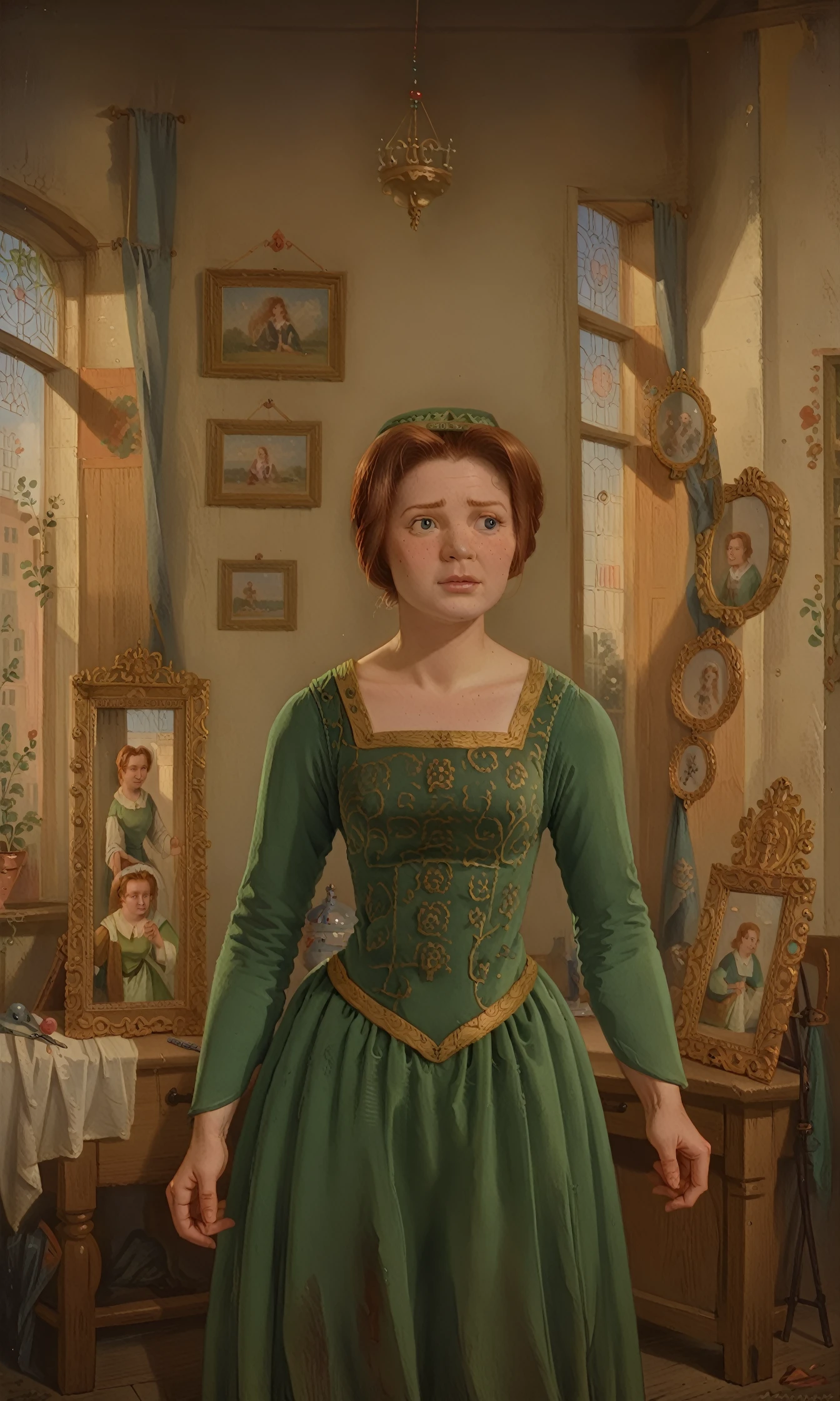 <lora:alexis-van-hamme_pony_v1:1> ' fionahuman ' by hamme van alexis in 1863, Academicism \(style\), The artwork is a painting of fionahuman<lora:FionaHuman:1> , 1girl, green dress, brown hair, freckles, score_9, score_6_up, score_7_up