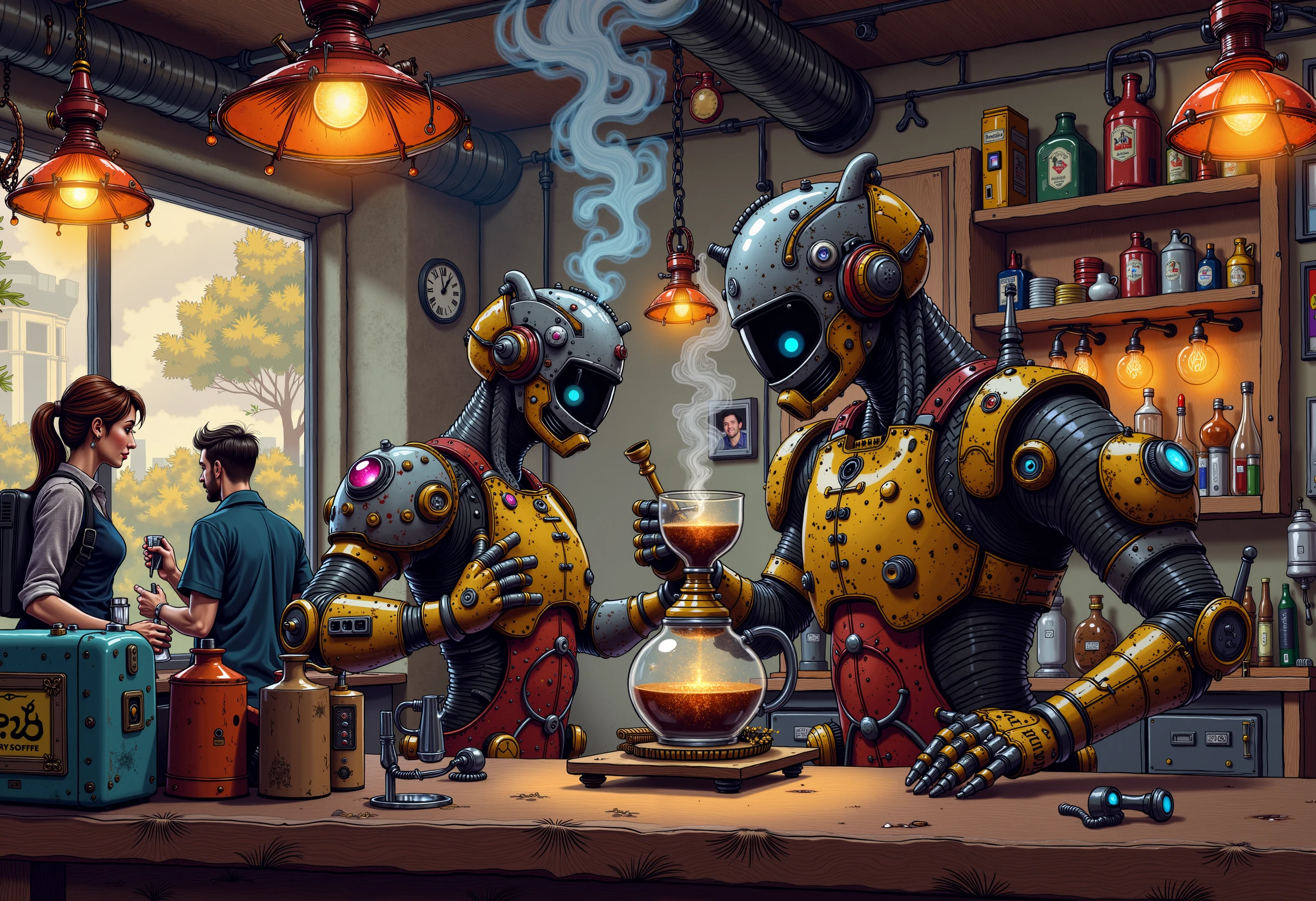 (streampunk illustration:1)A stunningly beautiful pourover dripper with fancy kettle glass steampunk style, coffee shop restaurant witht robot employees, context with barista industrial equipment