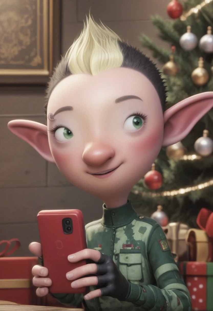 Bryony Shelfley, 1girl, elf, female elf, petite, black short hair, blond mohawk, pointy ears, elf ears, fingerless gloves, miliary uniform, black boots, piercing on right eyebrow, green eyes, small eyes, big nose, blush, score_8_up, score_7_up, BREAK, 1girl, solo, looking at her red phone, looking away, cute, smiling, smug, female focus, looking at viewer, christmas tree on background, detailed background, 4k, masterpiece, best quality, highly detailed, 3d, cowboy shot