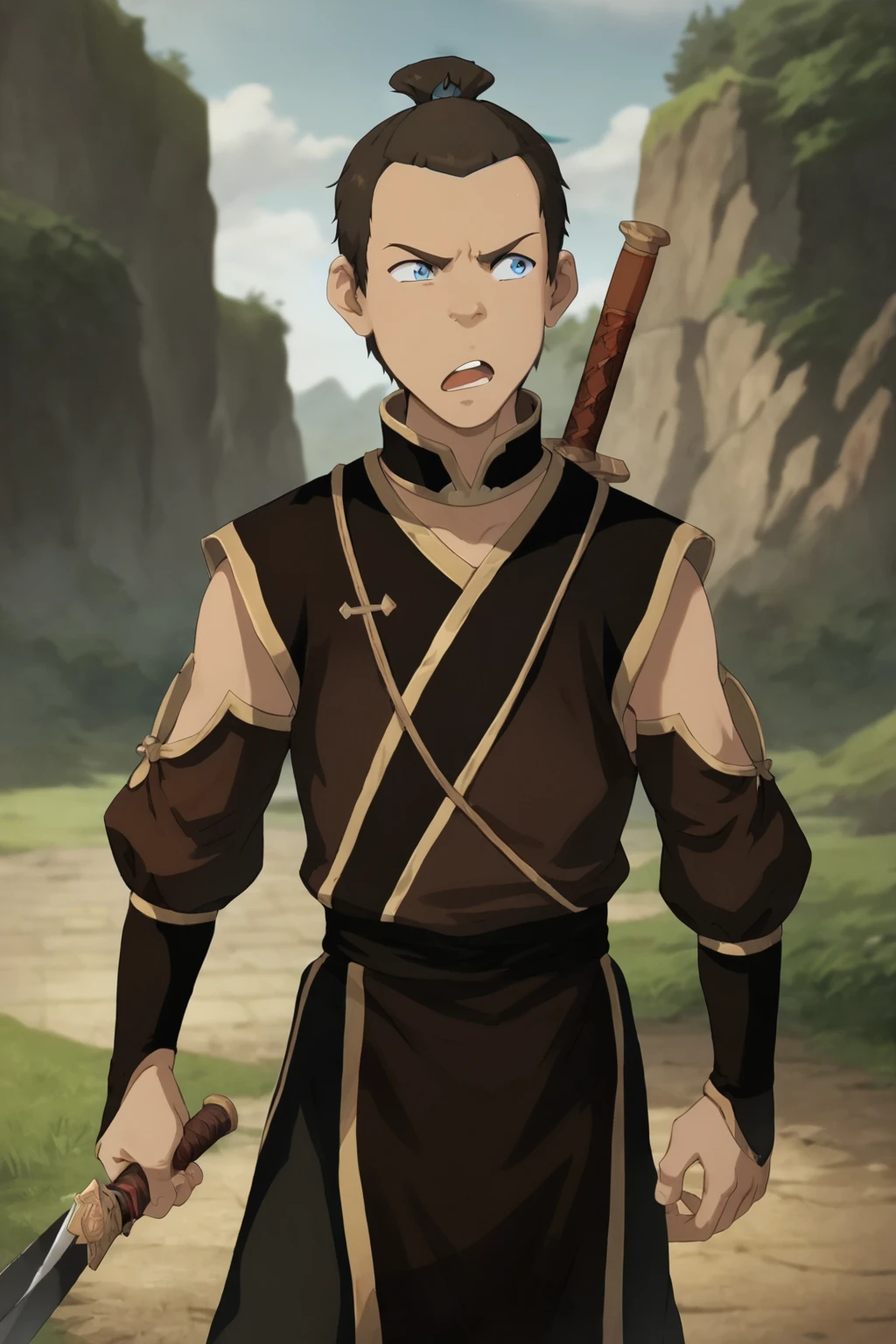 score_9, score_8_up, score_7_up,   <lora:sokka:0.8>, 1boy, solo, sokka, blue eyes, brown hair, frown, open mouth, fire nation clothing, black clothes, medium shot, sword, outdoors,