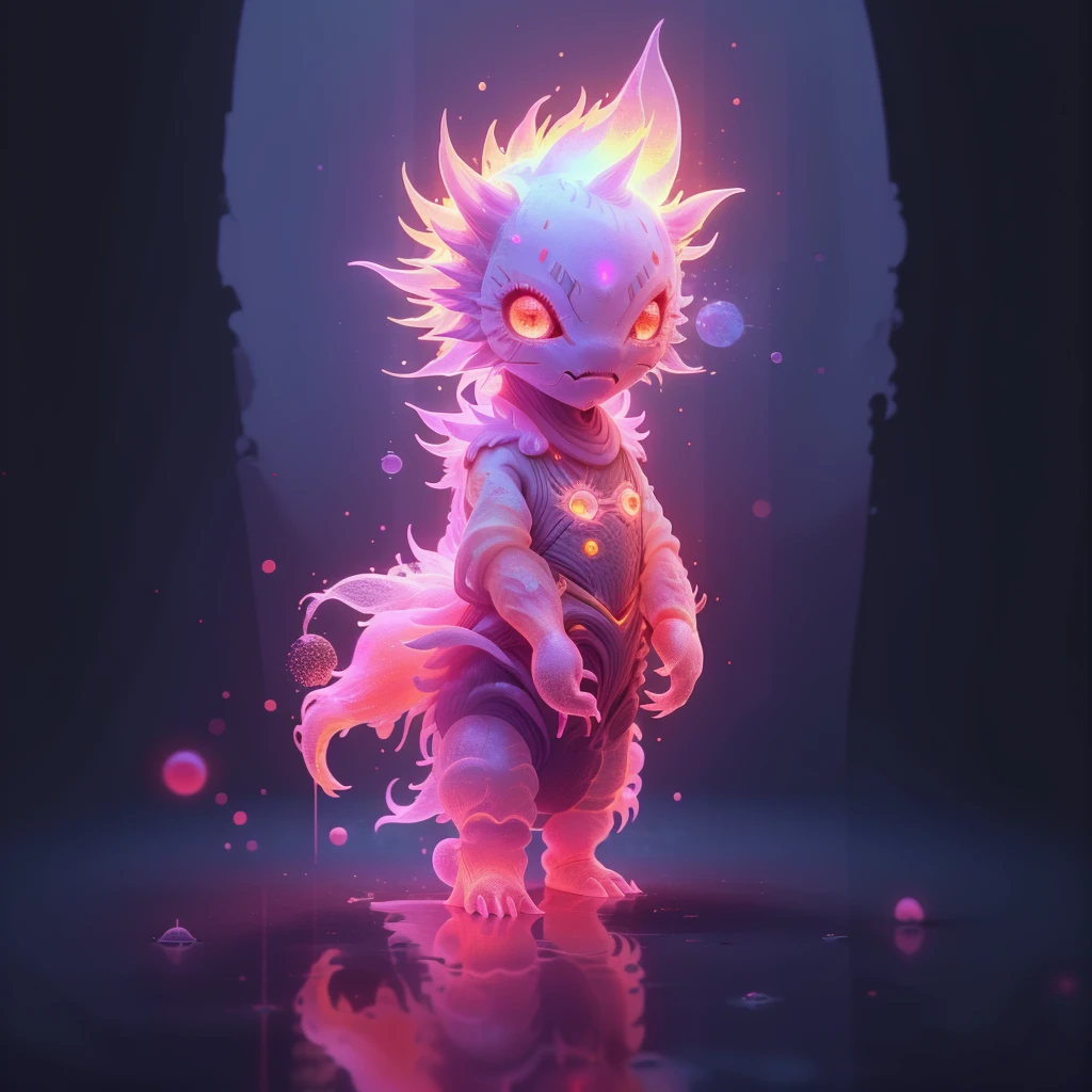 [GlitchHunter], A luminous creature with fiery fur and glowing eyes stands on a reflective surface, surrounded by ethereal light and sparkling particles.