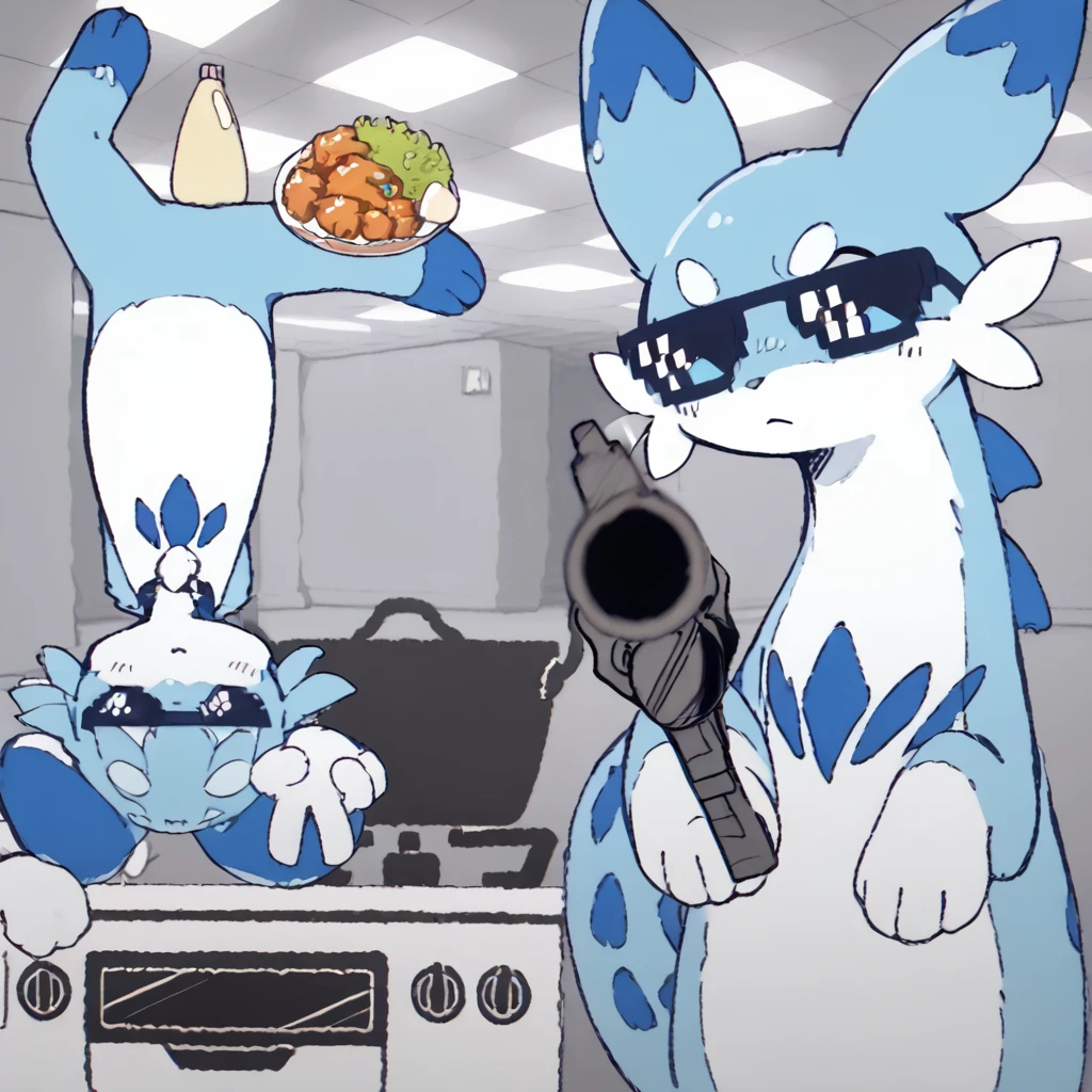 <lora:Momiage_o_Shakaage_o:1> mayokaraage, sunglasses, oven, pot, food, holding gun
 <lora:Chillet_Palworld:0.6> Chillet_Palworld, feral, light blue fur, blue eyes, white underbelly, blue back spikes, blue chest markings, blue spots, blue-tipped ears, whiskers, long animal ears, long tail