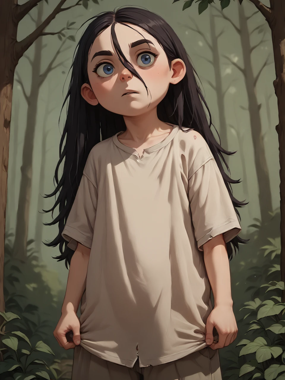 score_9, score_8_up, score_7_up,  score_6_up, BREAK, WolTruffles, 1girl, solo, black hair, long hair, hair between eyes, blue eyes, child, shirt, torn clothes, oversized clothes, in the forest<lora:Truffles:1>