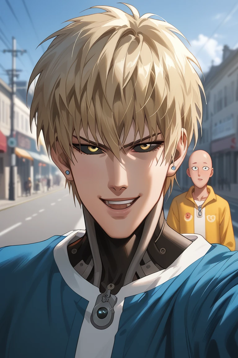 score_9, score_8_up, score_7_up, source_anime, rating_safe, natural lighting, interspecies gay couple focus, selfie, saitama (one-punch man), Saitama_bald, black eyes, open mouth, 1boy, GenosOPM, blonde_Genos_hair, [yellow_Genos_eyes], black sclera, wide smile, 1cyborg-male, intricately detailed illustration, blurry outdoors