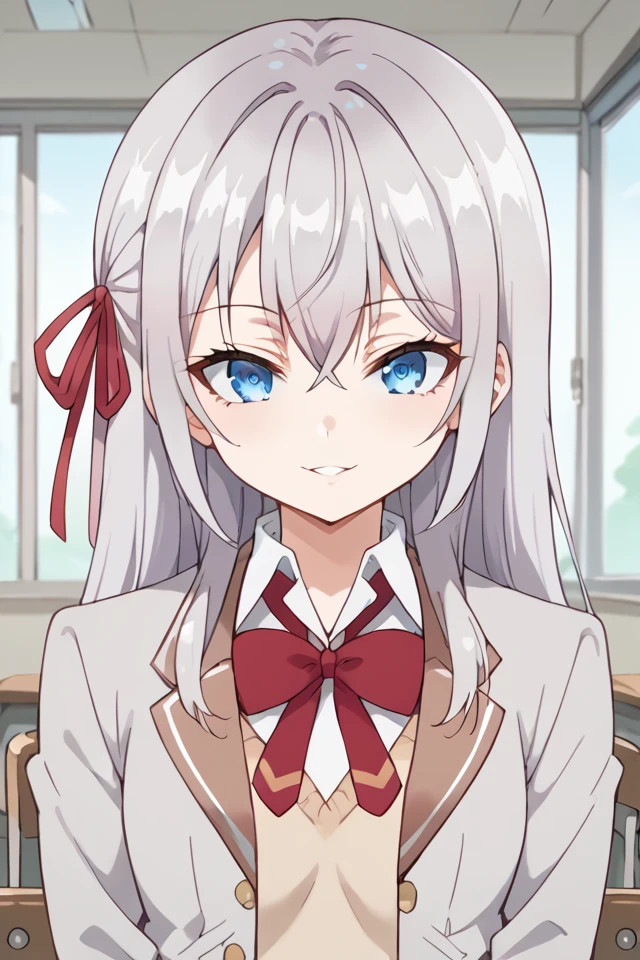 score_9, score_8_up, score_7_up, score_6_up, source_anime, 1girl, solo, parted lips, close-up, AlisaMikhailovnaKujou, silver hair,long hair,one red hairribbon,blue eyes, school_uniform,jacket, indoors, seductive smile,   <lora:AlisaMikhailovnaKujouPonyXL-10:1>