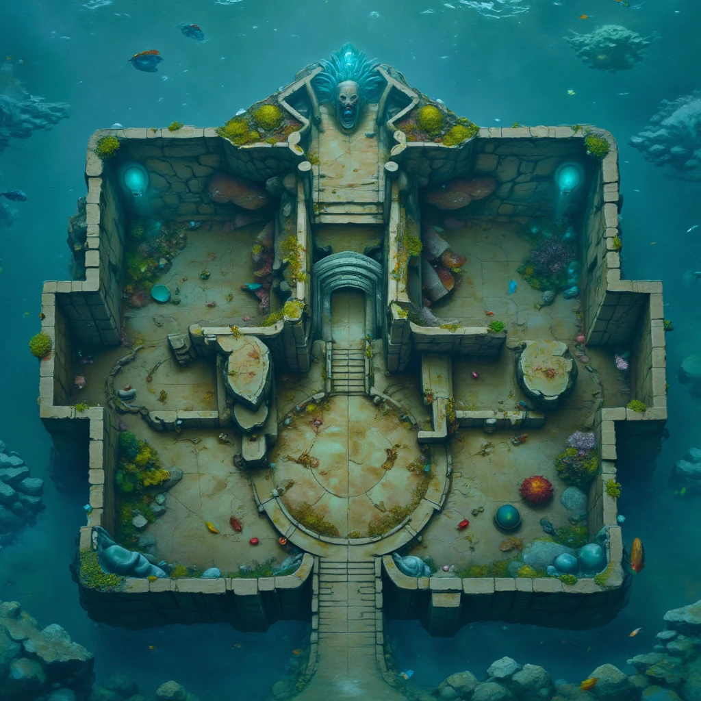 Submerged ruins of a once-great temple, partially above water. Coral and seaweed cover the stone structures, and colorful fish swim among the ruins. Trap-filled chambers, underwater passageways, an altar dedicated to a sea deity, and guardian creatures like merfolk and sea serpents. <lora:DD_Tabletop_RPG_Map:1>