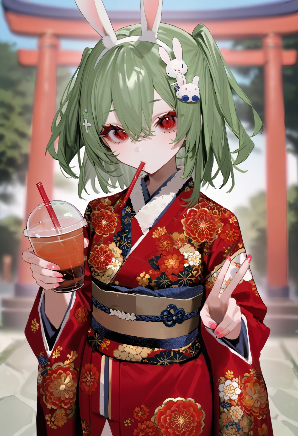 score_9, score_8_up, score_7_up, best quality, source_anime BREAK, BEBEstyle, 1girl, japanese clothes, v, green hair, red kimono, red eyes, rabbit hair ornament, looking at viewer, sash, rabbit ears, floral print, obi, holding cup, drinking straw in mouth, disposable cup, torii, wide sleeves, blurry background, hair between eyes, white hairband, two side up, holding drink, new year, long sleeves, pink nails, print kimono, nail polish, medium hair, fur-trimmed kimono, year of the rabbit, <lora:BeBe:1>