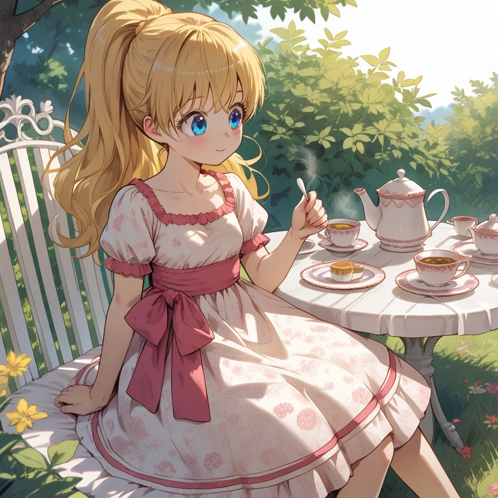 score_9, score_8, score_7, Break, cute, athanasia, blonde hair, long hair, blue eyes, dress, ponytail, sitting, tea party