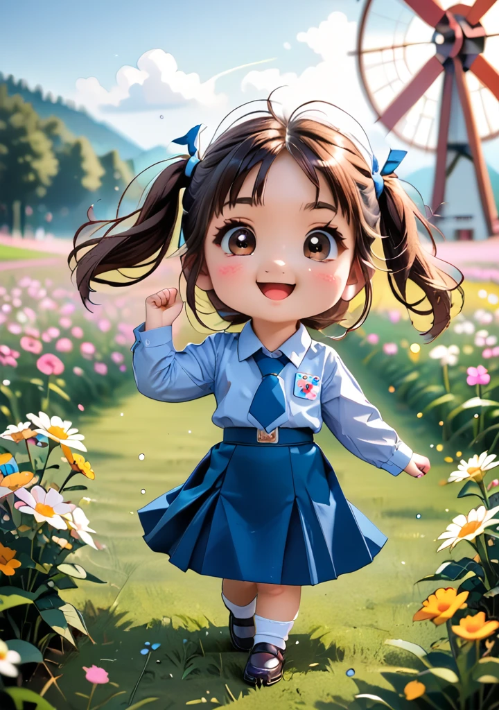 <lora:thai_uniform:1> chibi,bokeh,anime,1girl,cute face,blue necktie, collared shirt, long sleeves, blue skirt, brown hair, twintails, socks, shoes,Jump holding a windmill in a flower field,look bacck,dymamic angle