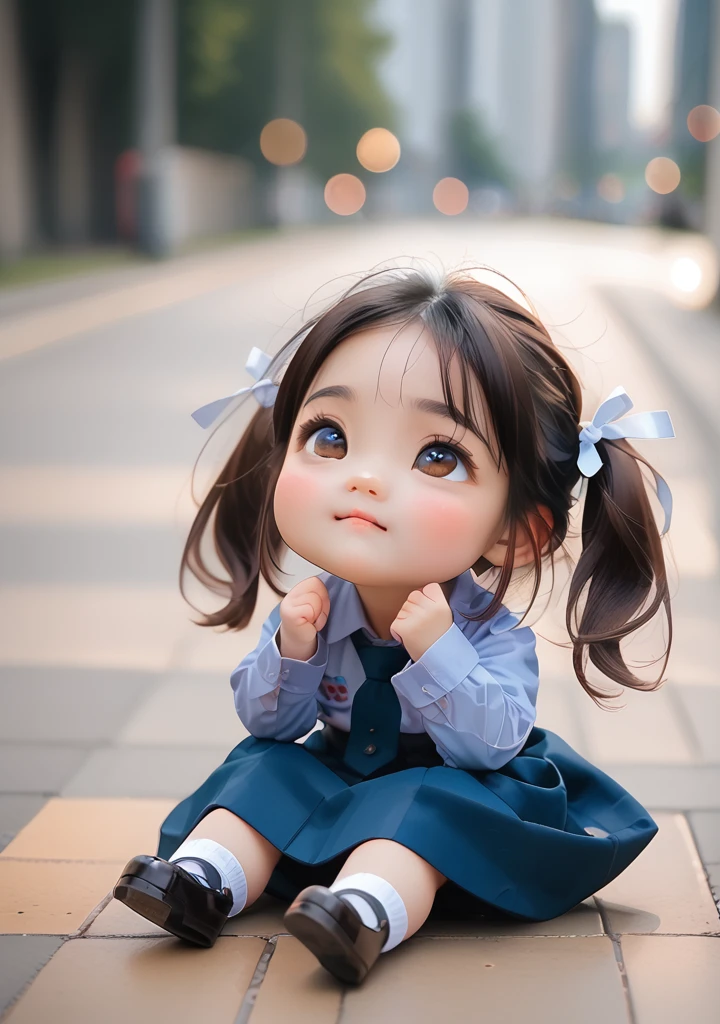 <lora:thai_uniform:1> chibi,bokeh,anime,1girl,cute face,blue necktie, collared shirt, long sleeves, blue skirt, brown hair, twintails, socks, shoes,sit,look up side