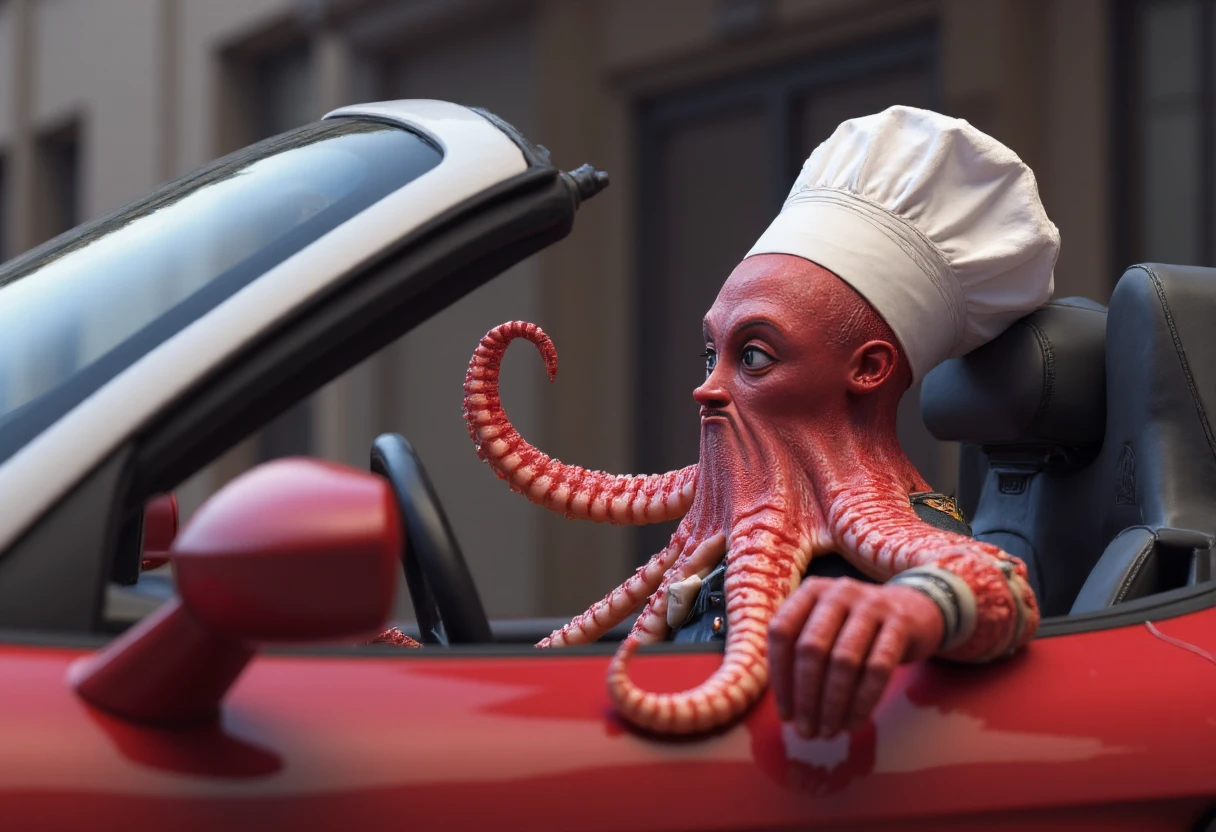 A Chef Octopus, (setting in the driver seat , driving a ferrari ) ,  realistic hyper-detailed, masterpiece,best quality, intricate details  . choctoefpus <lora:FLUX_ChOctoefpus_LoRA-000011:1>