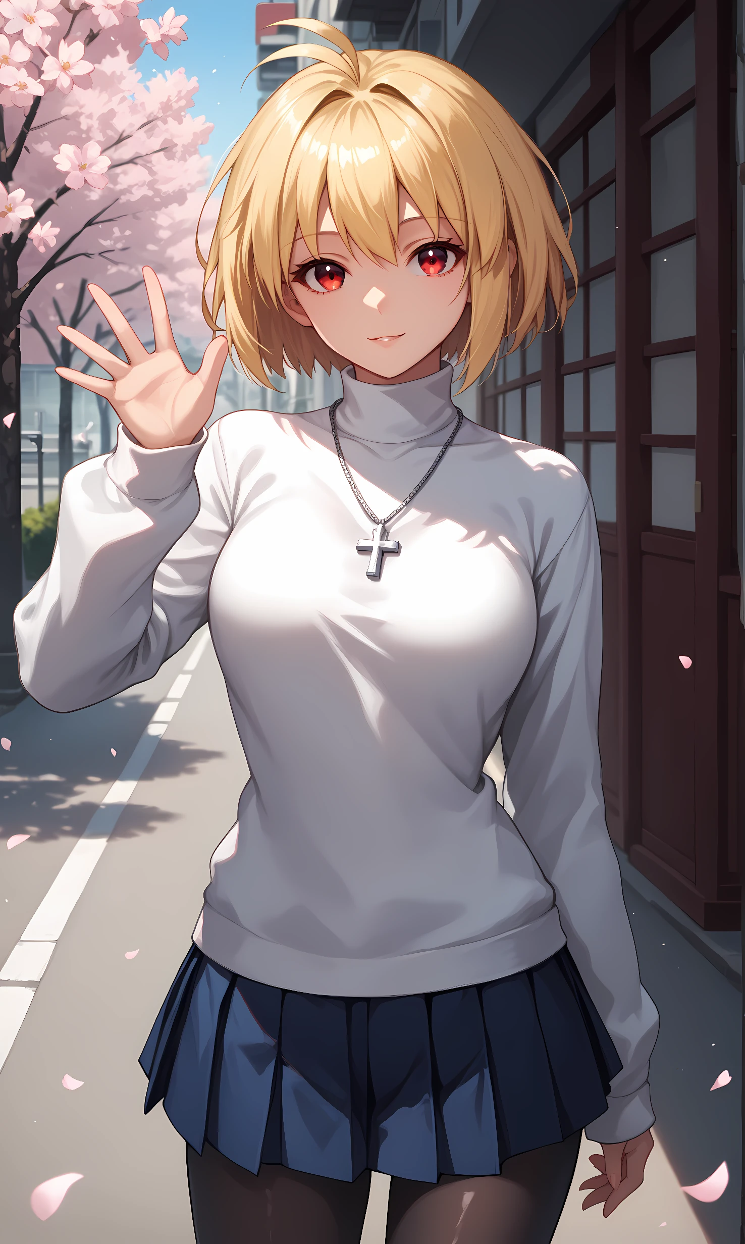 score_9, score_8_up, score_7_up, source_anime, 1girl, solo, outdoors, street, cherry blossoms, cowboy shot, standing, looking at viewer, shiny skin,arcueid, red eyes, blonde hair, short hair, ahoge, white sweater, turtleneck, long sleeves, cross necklace, blue skirt, pleated skirt, black pantyhose, miniskirt, waving