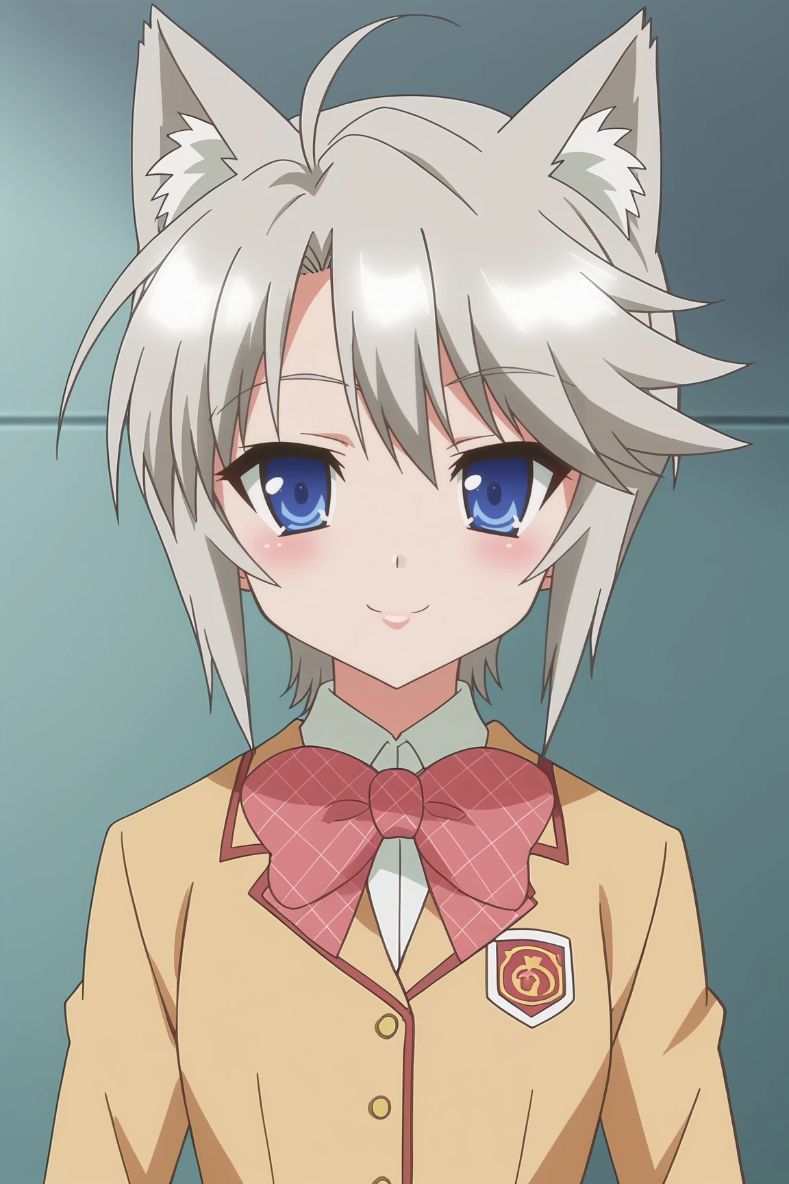 score_9, score_8_up, score_7_up, source anime, prefect lighting, very aesthetic, BREAK, anime coloring, anime screencap,
<lora:ezomori_nozomu_v1-pdv6:1>, 1girl, ezomori nozomu, kanokon, blue eyes, grey hair, short hair,
wolf ears, wolf tail, school uniform, long sleeves, bow,
BREAK, light smile, blush, looking at viewer,
BREAK,