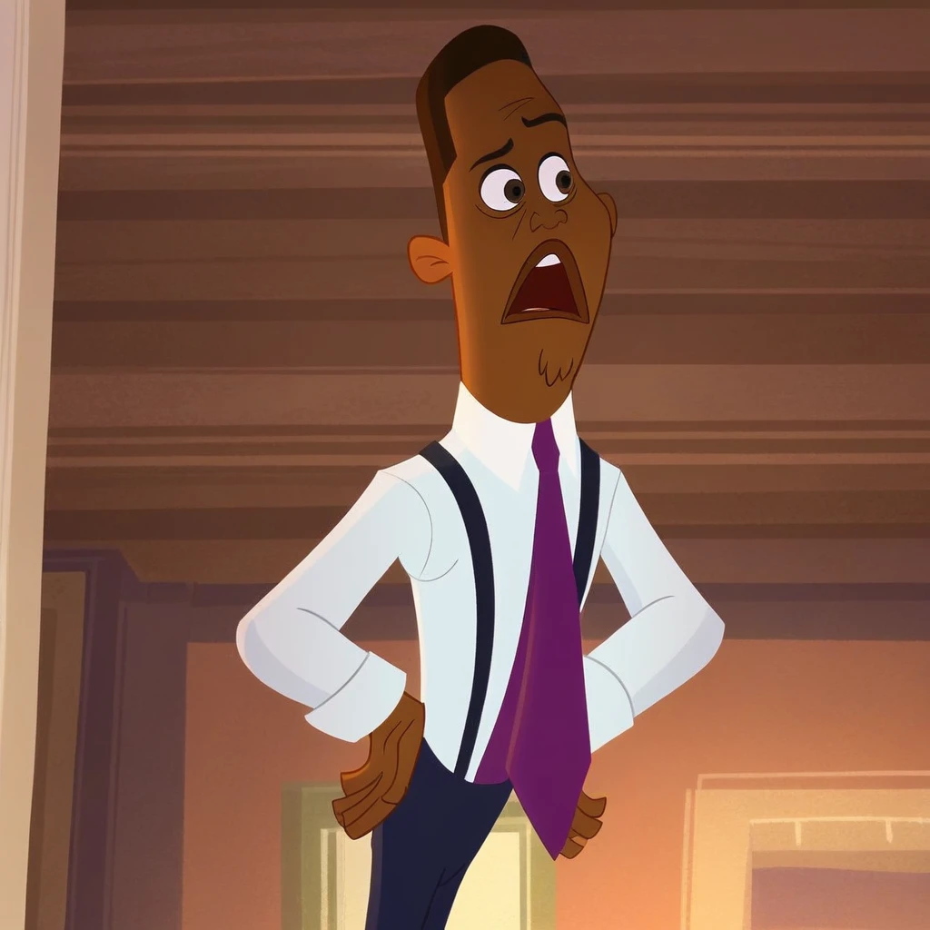 1boy, purple necktie, male focus, white shirt, dark skin, dark-skinned male, suspenders, open mouth, hands on own hips, collared shirt, indoors, long sleeves, black eyes, pants, upper teeth only