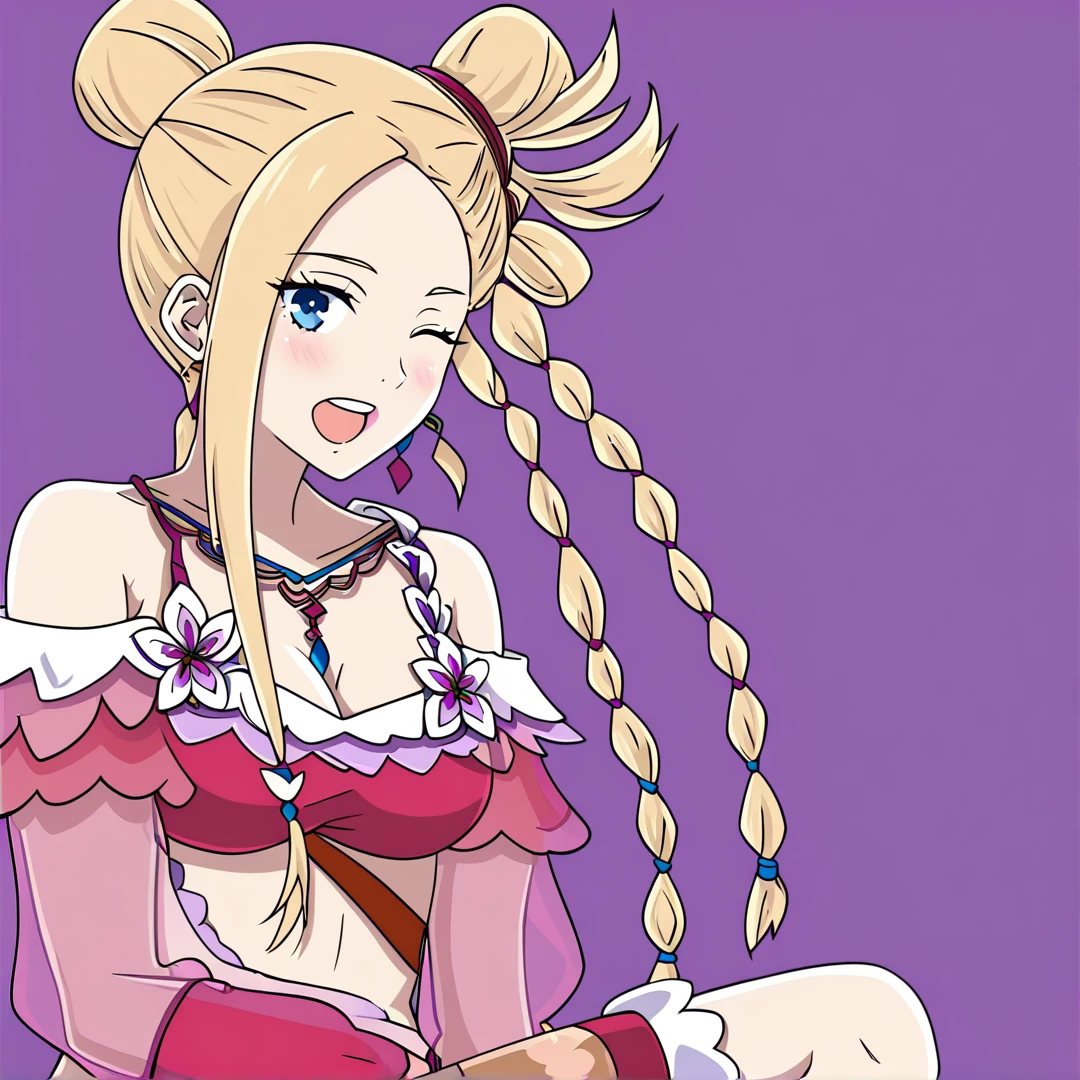 <lora:MediumOConnell:1>, medium, tall woman, long cream blonde hair, has 2 braids, 2 knots, and an unique style, wears clothes, that reveal her shoulders, and legs, which are red, white, pink, magenta, with flower accessoires, carries two barbarian swords, which are purple, and magenta, solo