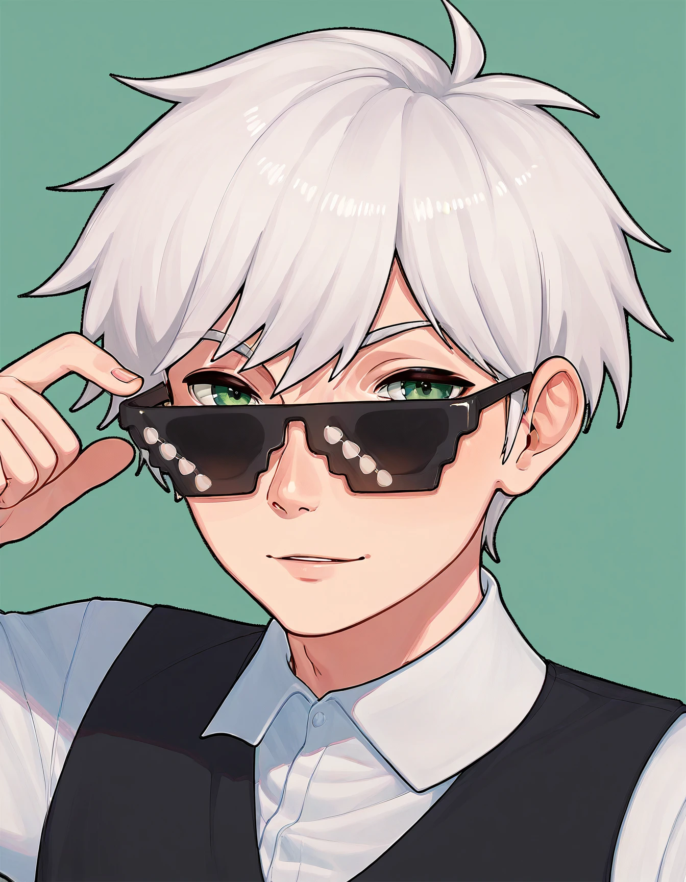 score_9, score_8_up, score_7_up, score_6_up, score_5_up, score_4_up, 
Anton_Petrov, solo, green eyes, white hair, long sleeves, white shirt, black vest, black shirt, IncrsXLDealWithIt, sunglasses<lora:DealWithIt_XLPD:1>
 <lora:Anton_Petrov_XL:0.9>