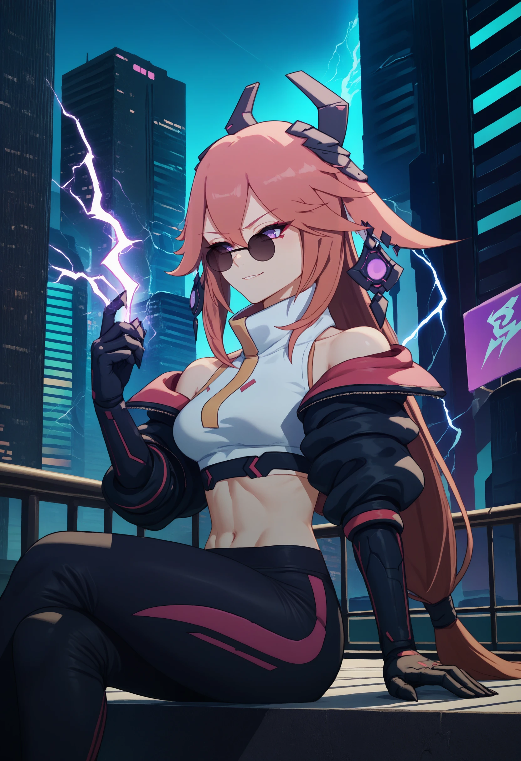 score_9, score_8_up, score_7_up, 1girl, <lora:YaeMikoProgenitor_pdxl_Incrs_v1:1>, yaemiko, pink hair, long hair, purple eyes, hair between eyes, fox ears, medium breasts, earrings, jewelry, headgear, horns, sunglasses, pince-nez, 
turtleneck, crop top, bare shoulders, black jacket, cropped jacket, midriff, black gloves, black sleeves, black track pants, tight pants, smirk, sitting, outdoors, electricity, purple electricity, aura, dark aura, cyberpunk, city, cityscape,