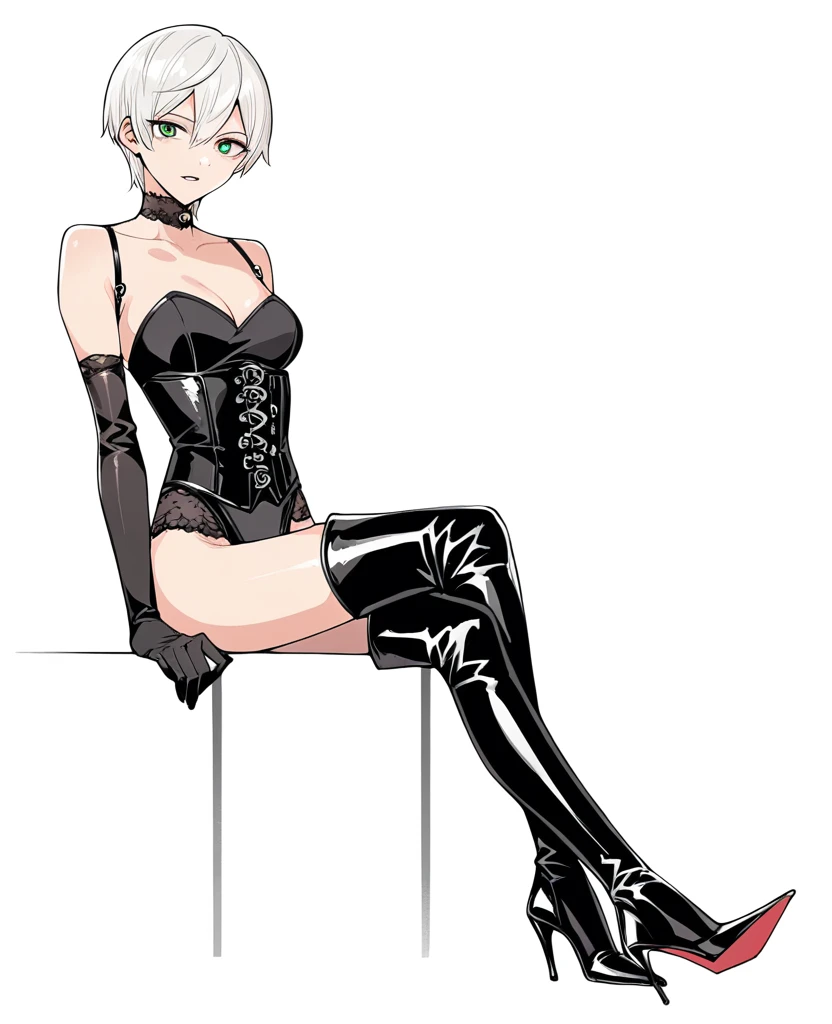 score_9,score_8_up,score_7_up,2d,1girl,solo,corset,elbow gloves,full body,simple background,white background,erotic pose,sexy pose,thigh boots,stiletto heels,high heel boots,black footwear,shiny footwear,pointy footwear,flat color,<lora:Takahiro_Mato_Seihei_no_Slave_Style:0.8>,takahiro_style,<lora:OBLK-000001:1:lbw=CLOTHE>,oblk,