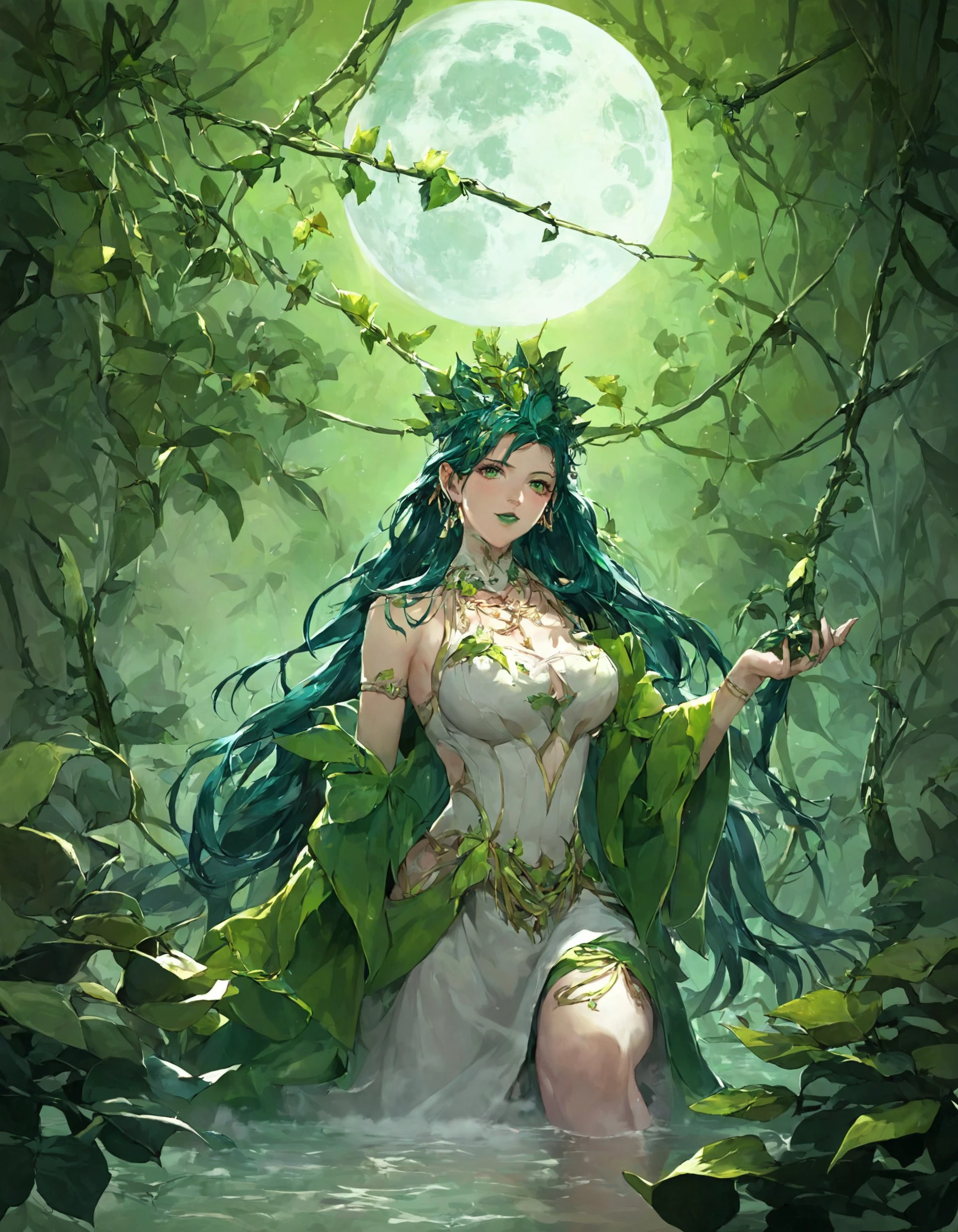 (score_9, score_8_up, score_7_up), (source_anime), (masterpiece), best quality, styleptn, 1girl, green lips, dark green hair, plant like hair, covered in leaves, sitting, relaxing in nature, looking at viewer, long hair, vines, exotic plants, magical, cowboy shot, mysterious, mist,fog, star night sky, Dutch angle, full moon, dark themes, 