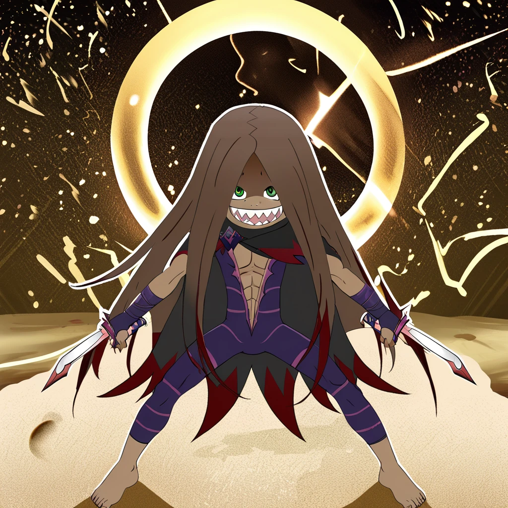 <lora:LyeBatenkaitos:1>, lye, light-brown hair, muscular, dark skin, bite marks, emerald green eyes, fang sharp teeth, sadistic smile, wears a skin-tight purple bodysuit with pink stripes, bare feet, bare chest, a black cloak with red patterns, daggers, magic from palms, lunar eclipse, solar eclipse, sand wind, sand dunes,  near a gigantic white watchtower, that has 6 downwards spikes attached, 2 support structures, with a holy light on top of the tower