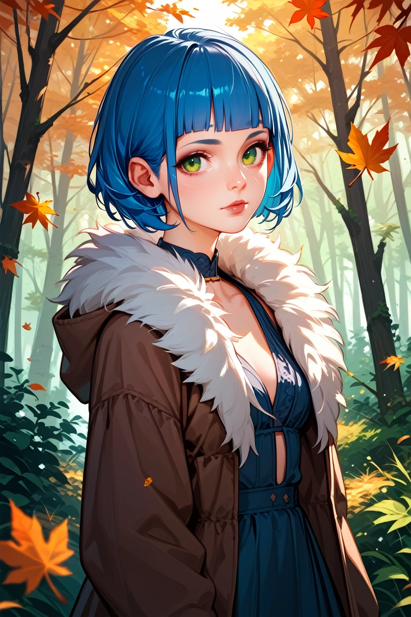 score_9, score_8_up, score_7_up, score_6_up
<lora:CyberEvelyn:0.8>
CyberEvelyn, 1girl, blue hair, short hair, green eyes, blunt bangs, looking at viewer, autumn forest with falling leaves in the background, warm earthy tones, cozy and nostalgic feel