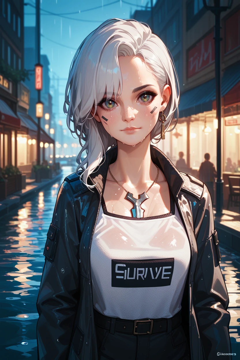 score_9, score_8_up, score_7_up, score_6_up
<lora:CyberRogueOld:0.8>
CyberRogueOld, 1girl, white hair, asymmetrical hair, looking at viewer, standing under a streetlamp in the rain, reflections on wet pavement, city lights blurred in the background, cinematic and dramatic feel