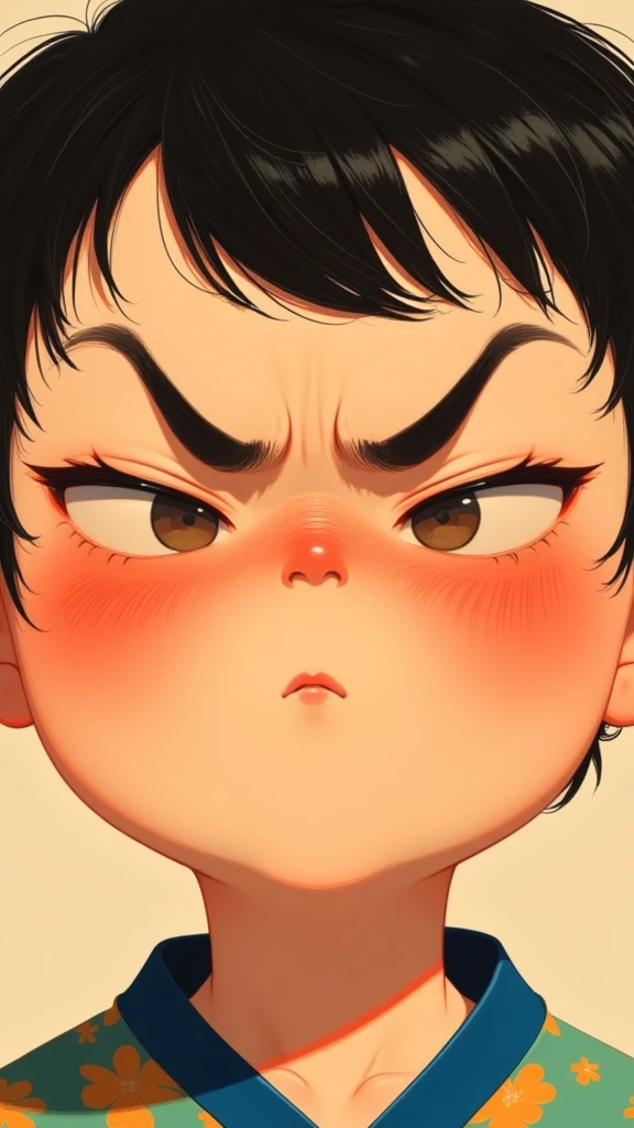 ********,close-up face,a stylized illustration of a boy with angry expressive eyes and blush,