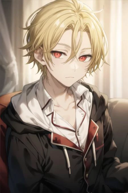 masterpiece, best quality, high quality, 1boy, solo, male focus, looking at viewer, upper body, <lora:king_of_despair:0.74>, king_of_despair, red eyes, blonde hair, hair between eyes, , pajamas