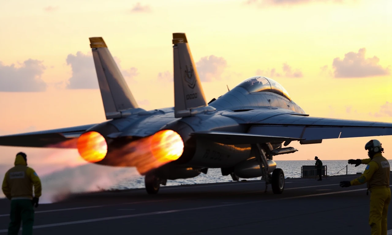 a photo taken from an elevated position of the tail of an f-14 tomcat  <lora:F-14 Tomcat - Flux1.D:1>,taking off from the deck of an aircraft carrier,the plane is tucked down at the front, afterburner glowing,the engines are emitting several meter long laminar cone-shaped exhaust flames,military personel standing at the right side giving hand signals in yellow and green overalls wearing protective gear, <lora:Nimitz Class Operations- Flux1.D:0.5>,sunset,ocean in background,few clouds in the sky,