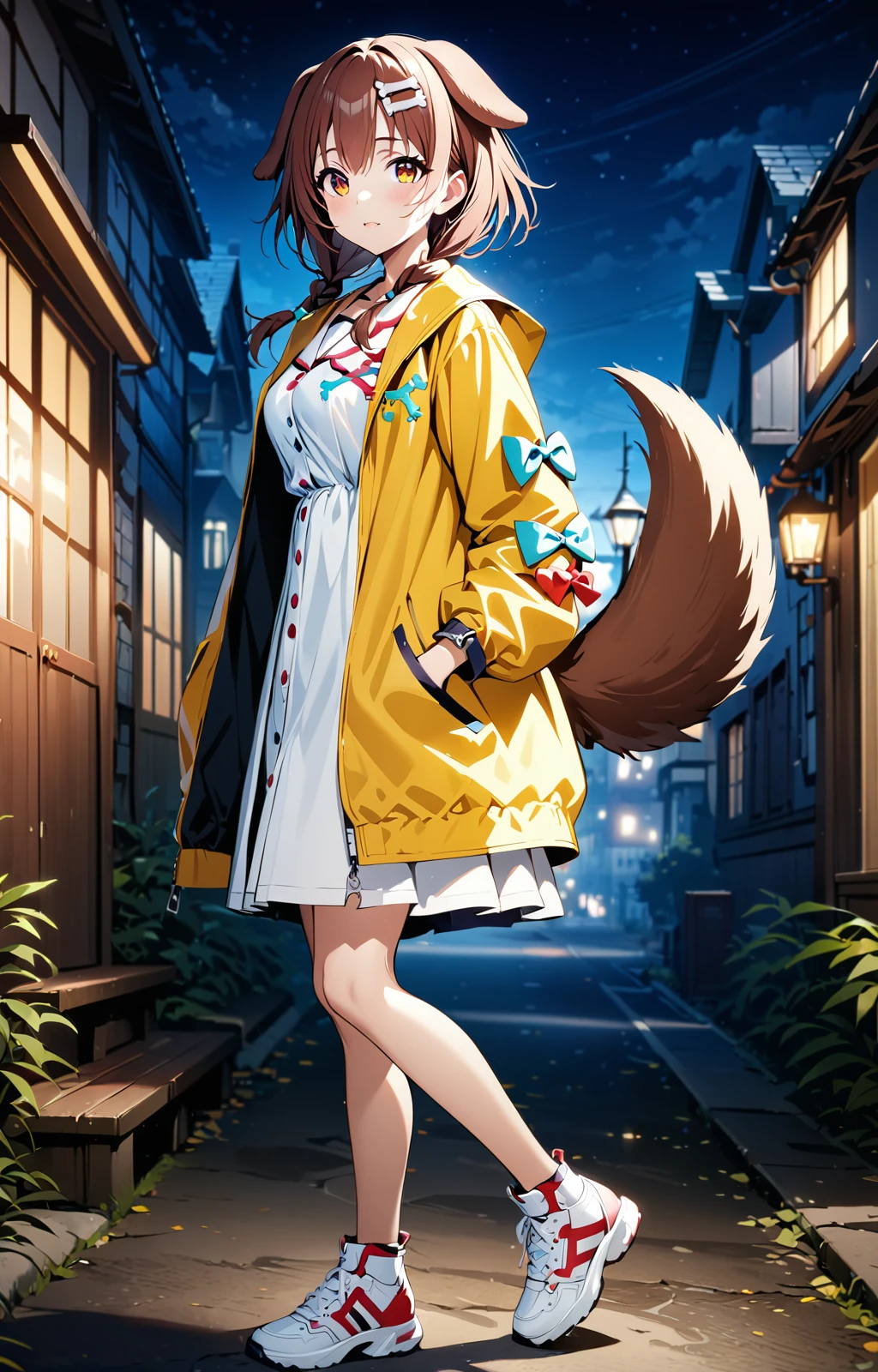 <lora:Yukino_Yukinoshita_SDXL_r2-0000010:1> yukino_yukinoshita, 1girl, animal ears, virtual youtuber, dog ears, dog tail, bone hair ornament ,yukino_main_outfit , solo , (soft color:1.2) ,standing , town background , full body ,from side , night , jacket, ,best quality ,masterpiece, illustration, an extremely delicate and beautiful, extremely detailed ,CG ,unity ,8k wallpaper, Amazing, finely detail, masterpiece,best quality,official art,extremely detailed CG unity 8k wallpaper,absurdres, incredibly absurdres, huge filesize , ultra-detailed, highres, extremely detailed,beautiful detailed girl, extremely detailed eyes and face, beautiful detailed eyes,light on face,1girl, cute , masterpiece, best quality, 1girl, solo, cinematic, soft lighting, shine skin , light skin , 8k