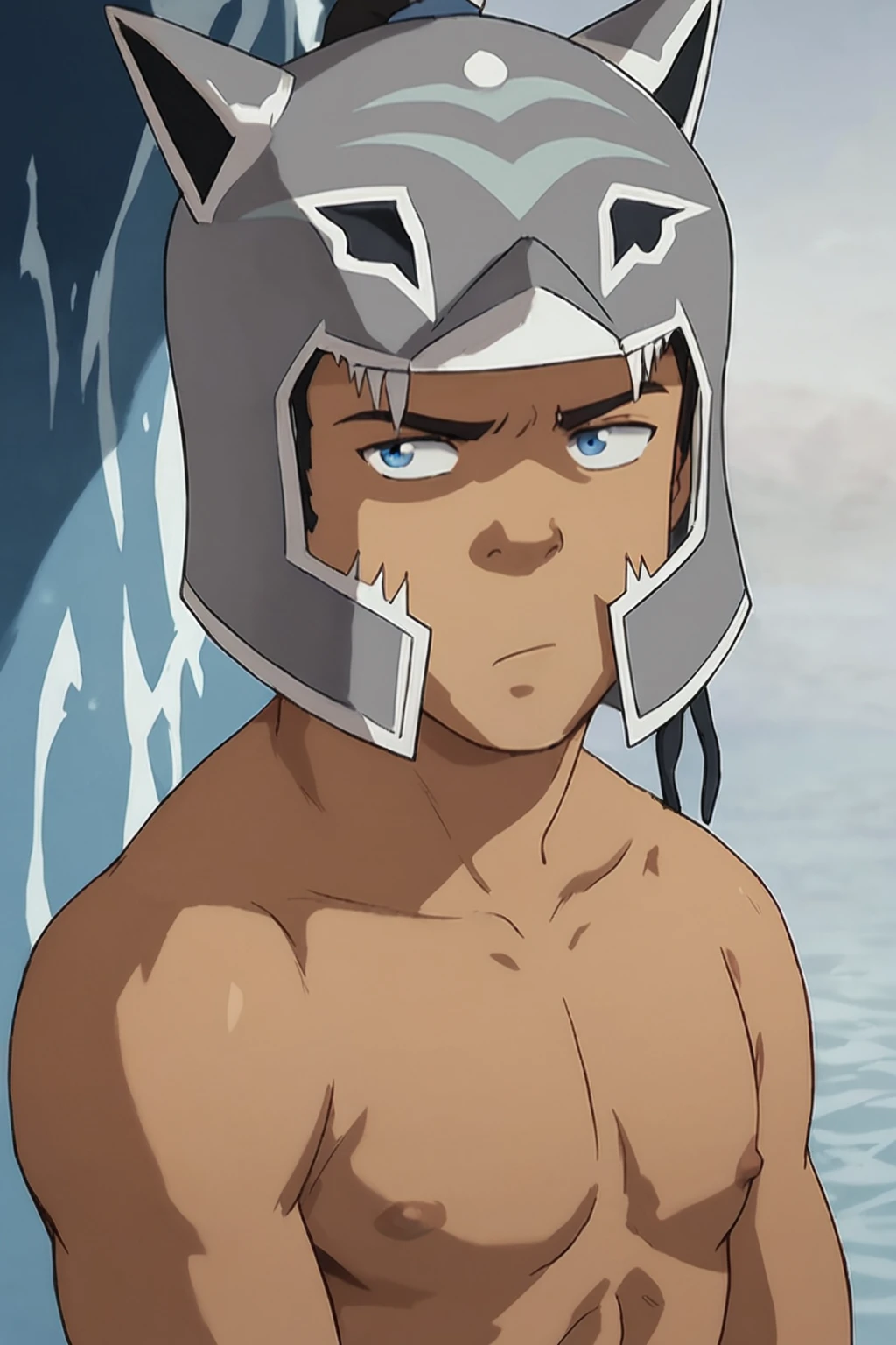 score_9, score_8_up, score_7_up,   <lora:sokka:0.8>, 1boy, solo, sokka, blue eyes, naked, water nation helmet, helmet, upper body, serious, cowboy shot,