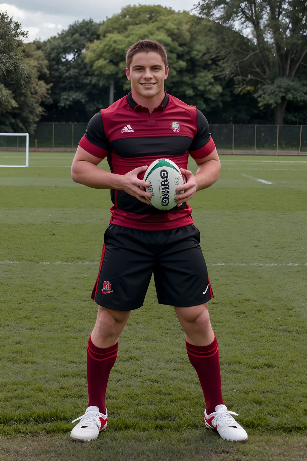 (grass rugby field), smiling, JakeWilder, wearing red and black rugby uniform, red jersey with black trim, black shorts, red socks, black sneakers, holding a rugby ball, (((full body portrait))), wide angle   <lora:JakeWilder:0.8>