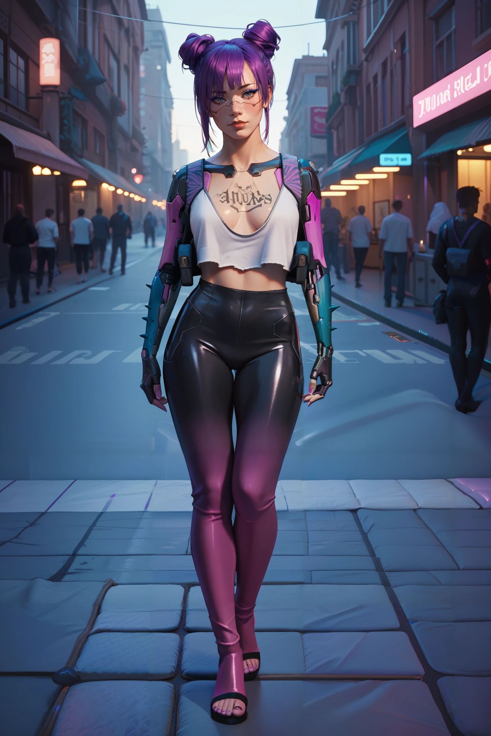 score_9, score_8_up, score_7_up, score_6_up
<lora:CyberRitaMoxBouncer:0.8>
CyberRitaMoxBouncer, 1girl, purple hair, hair buns, tattoo, cyberpunk, looking at viewer, reclining on a plush bed, satin sheets, dimly lit room with candles, soft shadows on the walls, intimate and luxurious setting