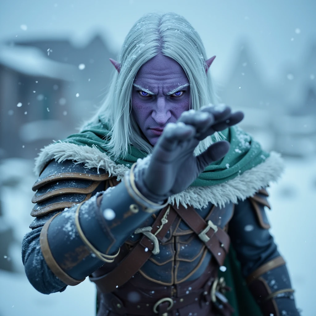 Dr1zzt This is a photography, depicting a fierce, snow-covered elf warrior with a stern expression. 
The warrior's face is partially obscured by a raised hand.
Snowflakes are gently falling, adding to the cold and wintry atmosphere. The background is blurred, focusing attention on the subject, and features a snowy landscape with indistinct, snow-covered structures or mountains in the distance. The overall color palette is dominated by cool tones of blue, white, and gray, enhancing the sense of cold and isolation. The texture of the snowflakes and the rough, rugged appearance of the warrior's armor are meticulously detailed. The image captures a moment of intense focus or concentration, with the warrior's intense gaze directed forward, suggesting a sense of determination or vigilance.

high resolution, 4k