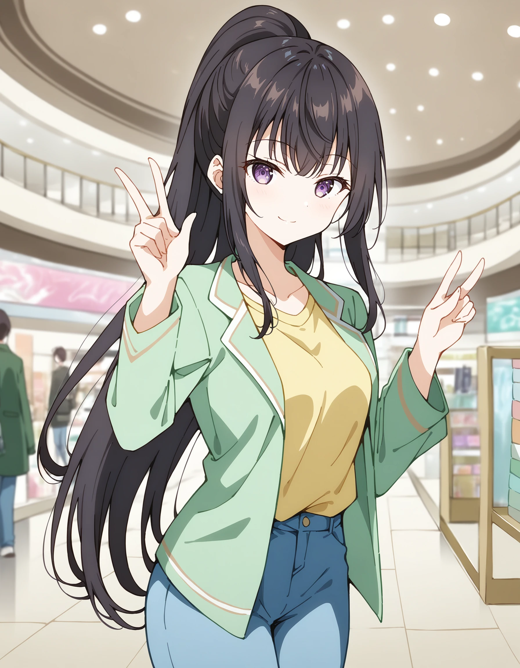 suouyuki_imoto, purple eyes, black hair, long hair, ponytail,
1girl, solo, looking at viewer, indoors, shopping mall, shops, blurry background, standing, light smile, two finger salute,
date outfit, collarbone, green jacket, open clothes, yellow shirt, blue jeans,
best quality, masterpiece,
<lora:hinaYukiSuou_pony_sdxl_wifu_v3-rev12:0.9>