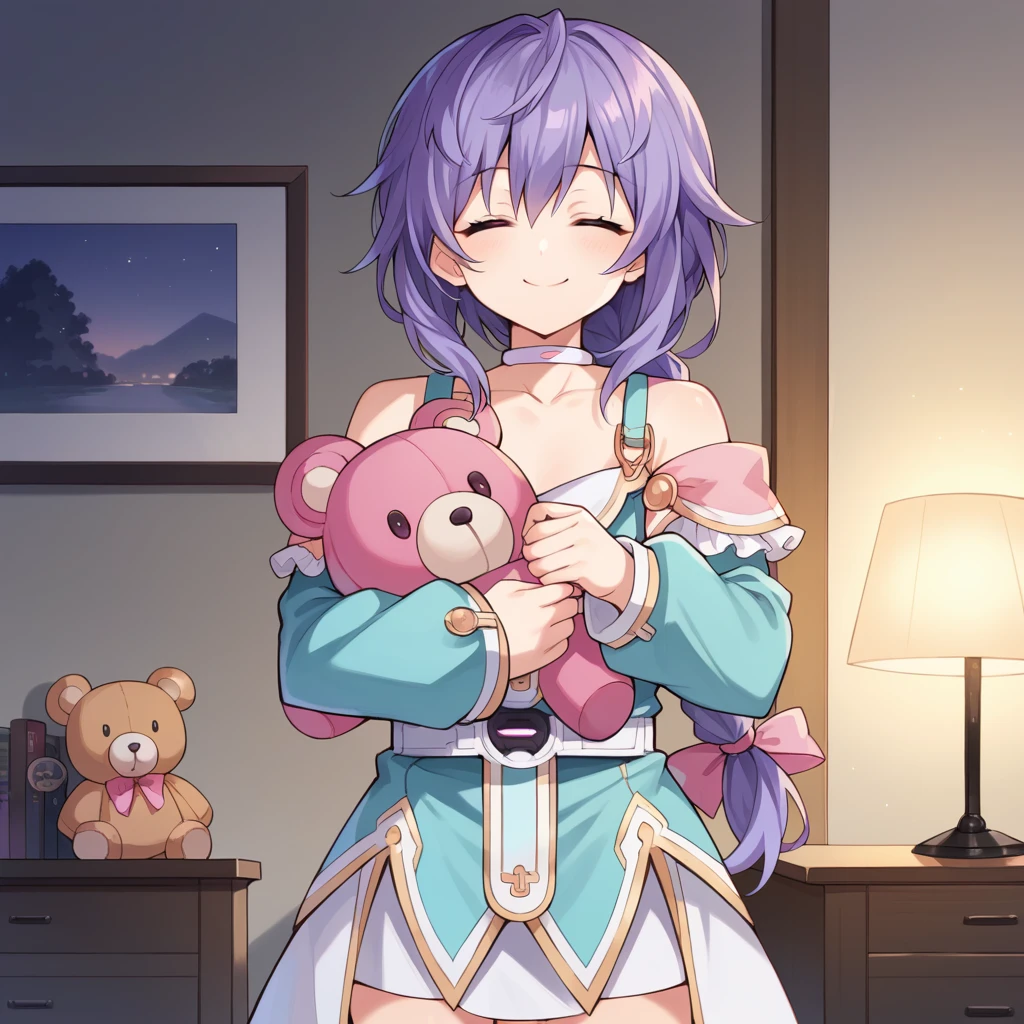 score_9_up, score_8_up, score_7_up, source_anime, 1girl, solo, PlutNep, Plutia, night time, dimmed light, lamp, bedroom interior, standing, hugging plushie, happy smile, closed eyes, braided ponytail, purple hair, purple eyes, strap dress, shoulder straps, detached sleeves, striped thighhighs, white belt, aqua dress, white skirt, pink ribbon, wide sleeves, aqua sleeves, long sleeves, pink bow, hair bow, white choker, collarbone,  dynamic cowboy shot, indoors, bedroom background