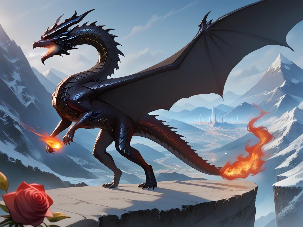 Drestoria-Style_V2, (masterpiece), (best quality), source_anime+, perfect anatomy, HD, 10k Res, digital_media_(artwork) hi_res, intricate, high quality, amazing quality, (noir, fantasy) theme, (1 feral dragon, standing on a cliff, breathing fire), (rose, mountains)
