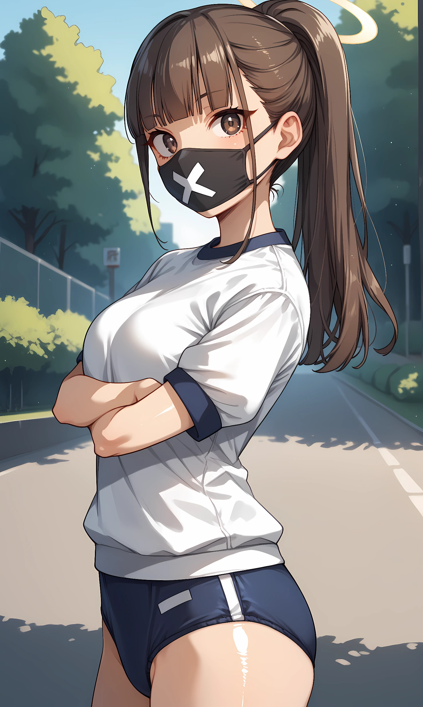 score_9, score_8_up, score_7_up, source_anime, 1girl, solo, outdoors, park, cowboy shot, standing, looking at viewer, shiny skin, sukeban, brown eyes, brown hair, long hair, ponytail, blunt bangs, halo, mouth mask, white shirt, short sleeves, gym uniform, buruma, crossed arms, from side