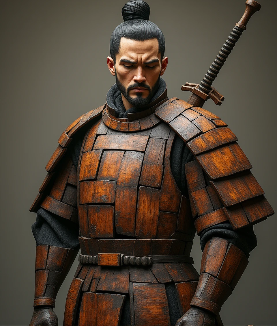 a handsome chinese marshal wearing wooden block armor,holding a long sword