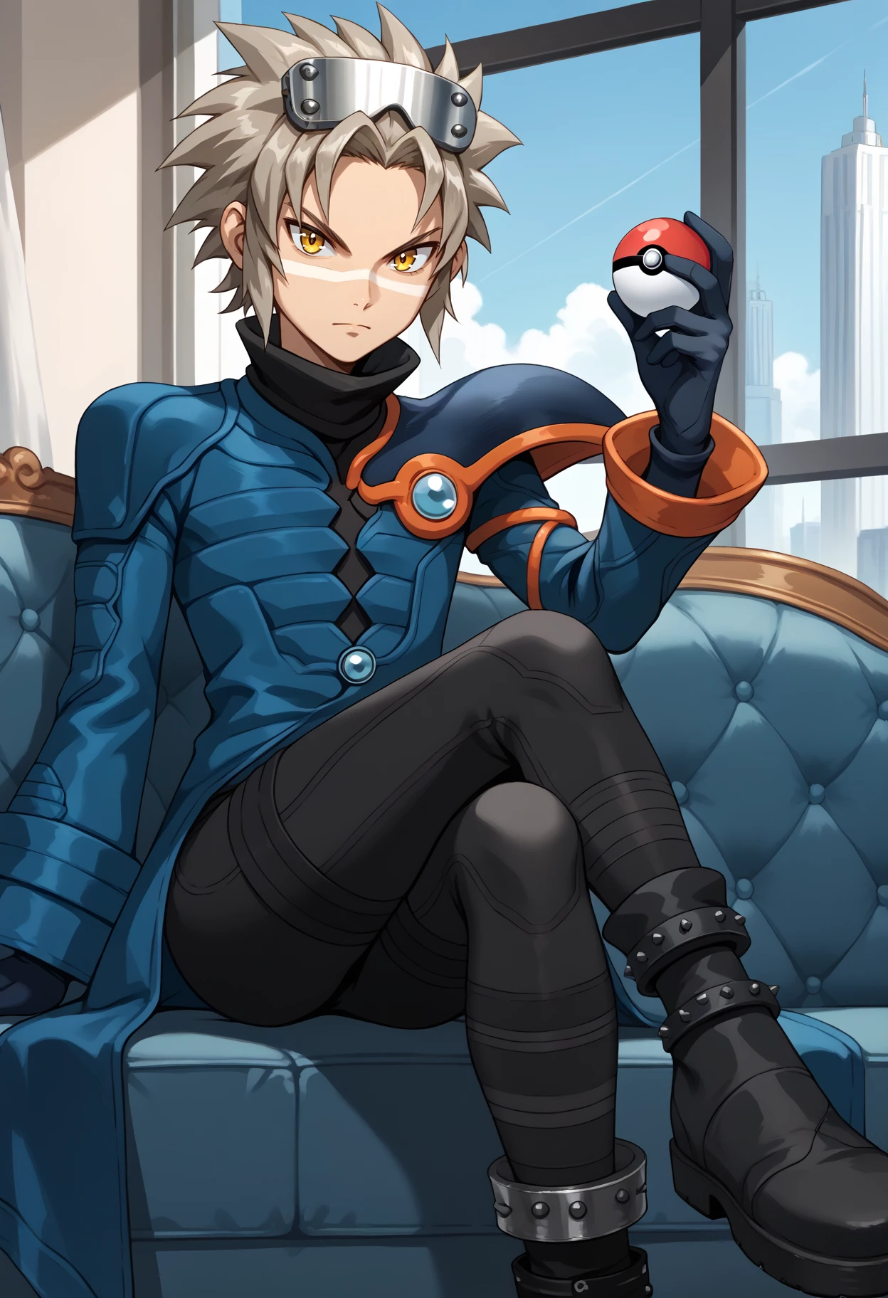 score_9, score_8_up, score_7_up, source_anime, 1boy, sitting, looking at viewer, crossed legs, holding poke ball, <lora:WesPKMN-pdxl:1> w3s, spiky hair, grey hair, goggles on head, yellow eyes, facial mark, black turtleneck, blue coat, single pauldron, asymmetrical sleeves, long sleeves, black gloves, black pants, black boots, couch, window, city