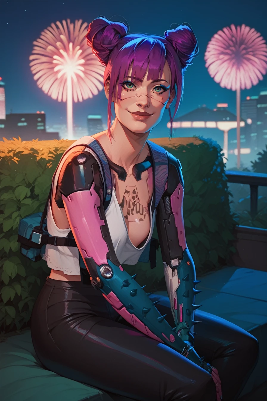 score_9, score_8_up, score_7_up, score_6_up
<lora:CyberRitaMoxBouncer:0.8>
CyberRitaMoxBouncer, 1girl, purple hair, hair buns, tattoo, cyberpunk, looking at viewer, sitting, at night, fireworks, park, looking up, smile